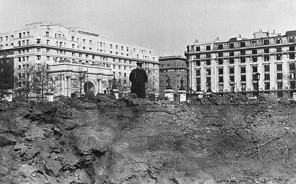 A crator at Marble Arch, London, after another German air raid