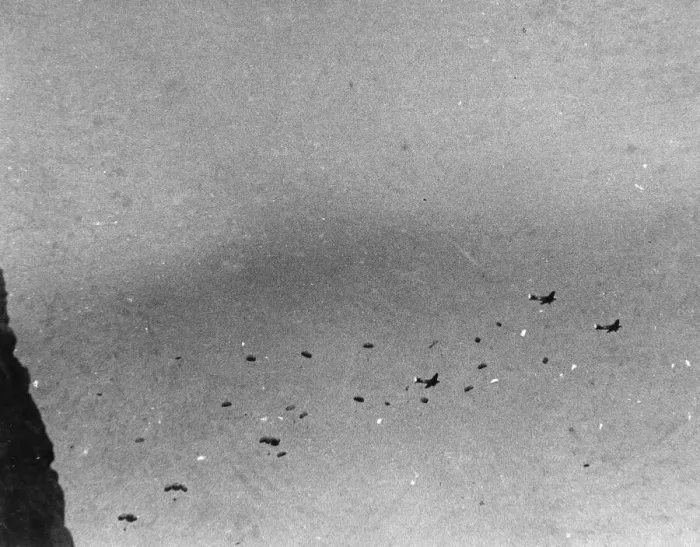 Framed Print : Crete, German parachute troops in action. On Crete, the German bombing of the Herkalion
