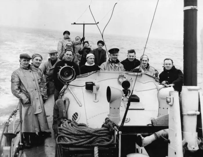 Framed Print : The crew of the Teesmouth lifeboat assemble on deck during a practice trip