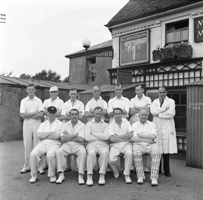 Framed Print : A cricket team poses outside The Cricketers public house in Meopham in Kent Circa June Framed Print : A cricket team poses outside The Cricketers public house in Meopham in Kent Circa June