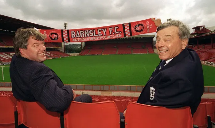 Framed Print : Cricket umpire Dickie Bird celebrates the arrival of his hometown club Barnsley in