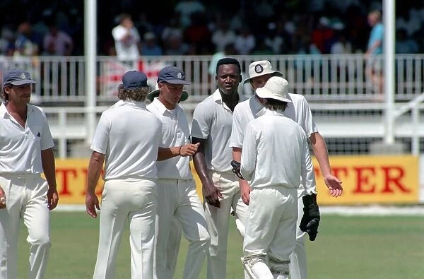 Cricket. West Indies v. England. May 1990 90-2766-073. England celebrate a wicket