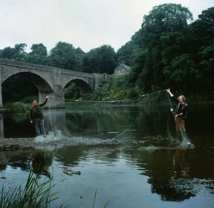 Framed Print : Crime Poaching August 1981 salmon bailiffs on bank of River Tweed holding nets