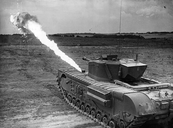 Crocodile variant of the Churchill tank with a flame thrower in place of the hull machine