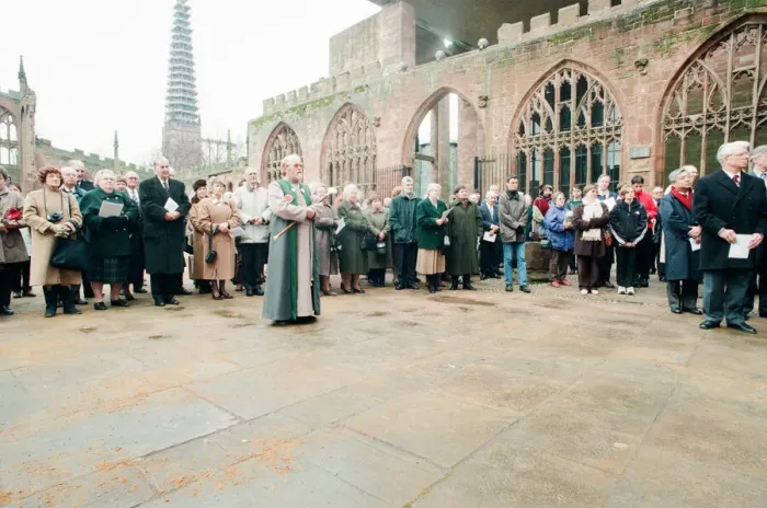 Framed Print : The Cross and Orb on show at Coventry Cathedral during service of reconciliation Framed Print : The Cross and Orb on show at Coventry Cathedral during service of reconciliation