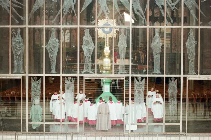 Framed Print : The Cross and Orb on show at Coventry Cathedral during service of reconciliation Framed Print : The Cross and Orb on show at Coventry Cathedral during service of reconciliation
