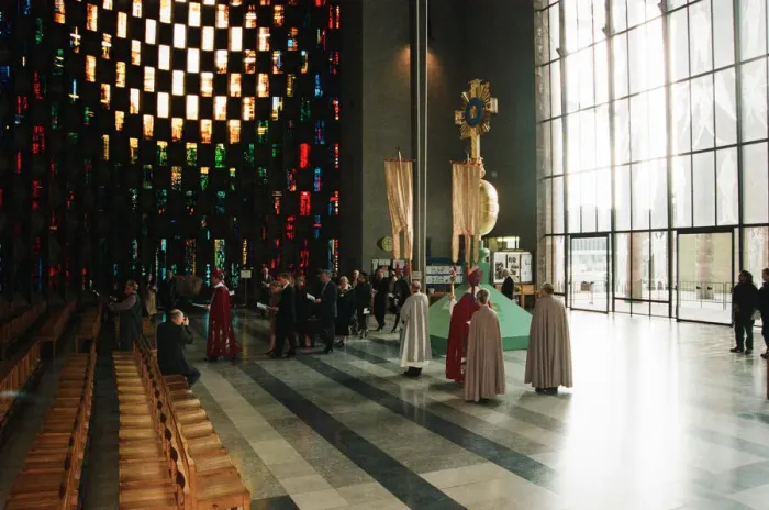 Framed Print : The Cross and Orb on show at Coventry Cathedral during service of reconciliation Framed Print : The Cross and Orb on show at Coventry Cathedral during service of reconciliation