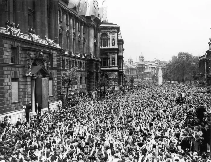 Framed Print : Crowd cheers British Prime Minister Winston Churchill after his victory speech from a Framed Print : Crowd cheers British Prime Minister Winston Churchill after his victory speech from a