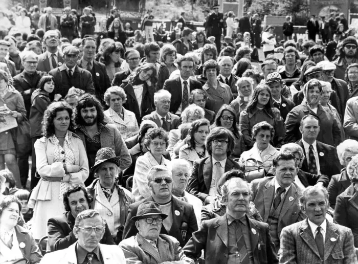 Framed Print : Part of the crowd listening to the speakers at Bedlington Miners Picnic in 1974 Framed Print : Part of the crowd listening to the speakers at Bedlington Miners Picnic in 1974