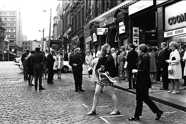 A crowd of people listen to a public speaker in Newcastles Bigg Market 13 July 1970