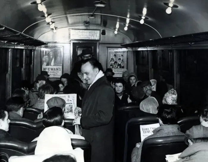 Framed Print : A crowded carriage of the Newcastle to Coast electric train on 17th November 1962 Framed Print : A crowded carriage of the Newcastle to Coast electric train on 17th November 1962