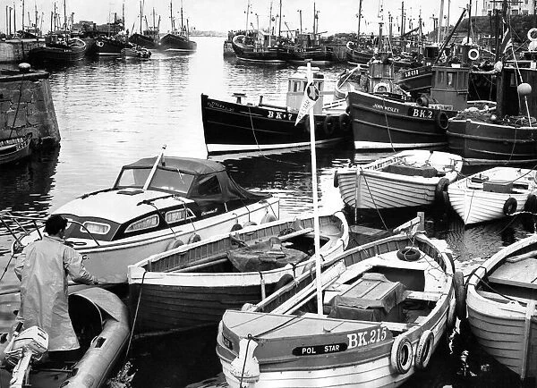 The crowded harbour at the coastal village of Seahouses