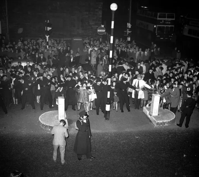 Framed Print : Crowds of fans in the streets of Belfast hahead of the Beatles performance at the Ritz Framed Print : Crowds of fans in the streets of Belfast hahead of the Beatles performance at the Ritz
