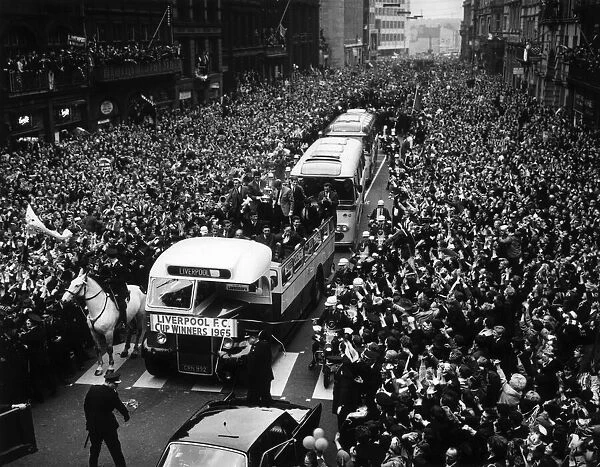 Crowds greet Liverpool FC as they return after winning the FA Cup. 17th May 1965
