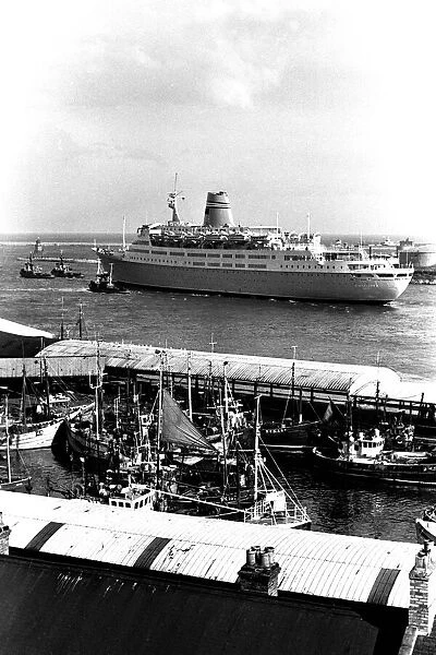 The cruise ship Vistafjord leaving the Tyne in April 1973 after her sea trials