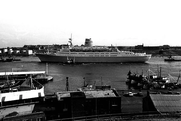 The cruise ship Vistafjord leaving the Tyne in April 1973 after her sea trials