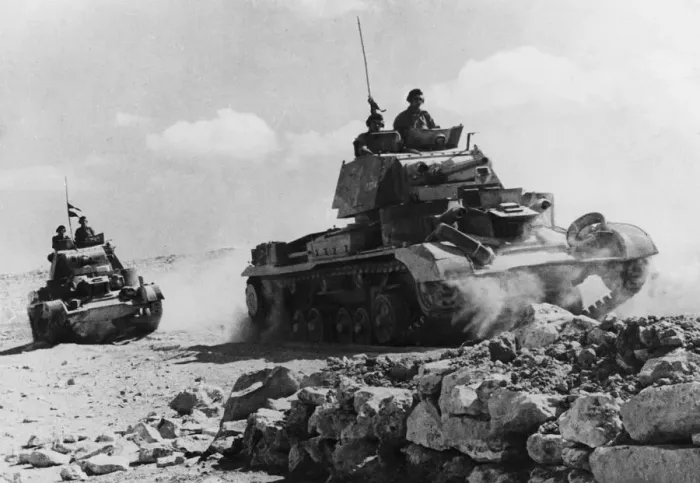 Framed Print : Cruiser tanks moving into action over rough ground near Tobruk during Second World War Framed Print : Cruiser tanks moving into action over rough ground near Tobruk during Second World War