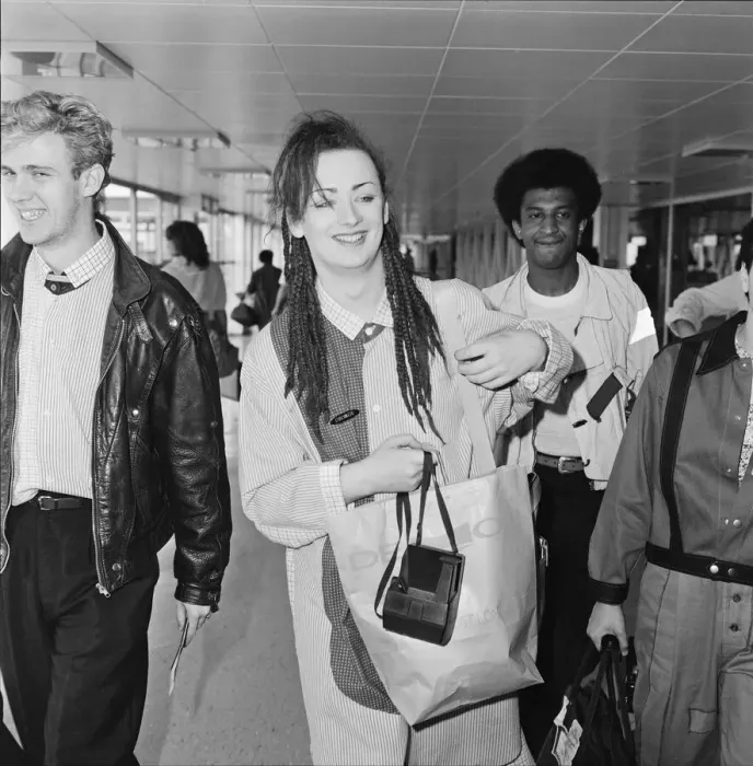 Framed Print : Culture Club leave Heathrow Airport, London for New York and an 8 day promotion visit