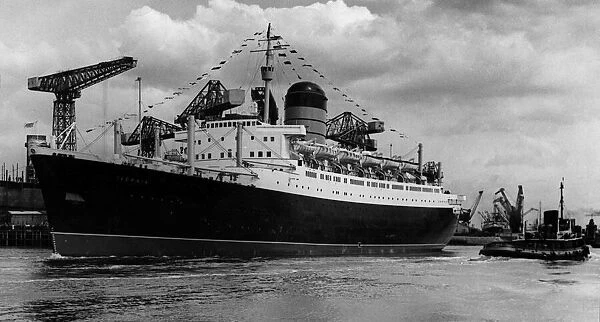 Cunard Liner Ship Ivernia pictured leaving John Browns Yard at Clydebank in Scotland