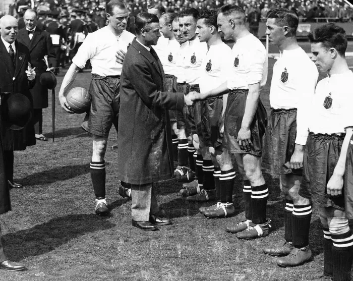 Framed Print : Cup Final Bolton play at Wembley in 1929 against Portsmouth The players meet the Prince Framed Print : Cup Final Bolton play at Wembley in 1929 against Portsmouth The players meet the Prince