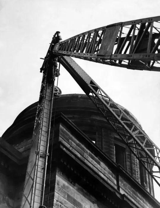 Framed Print : Customs House Demolition. A 10 ton Derrick crane is being erected behind the Customs