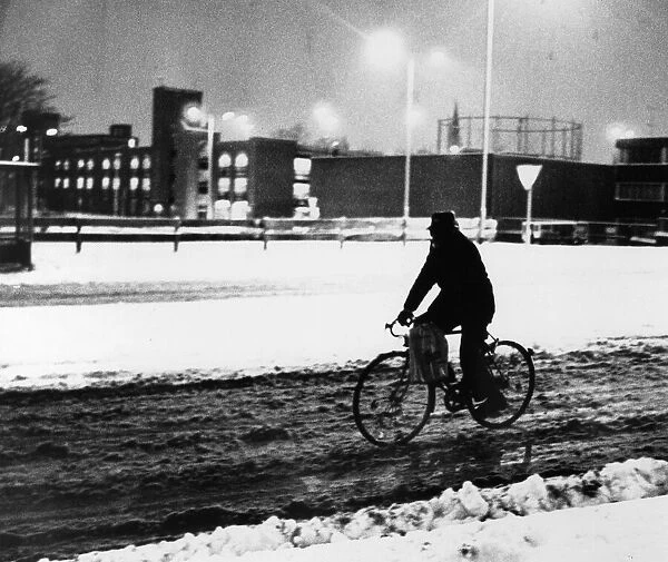 Cycling to work in the snow, Coventry, 8th February 1991