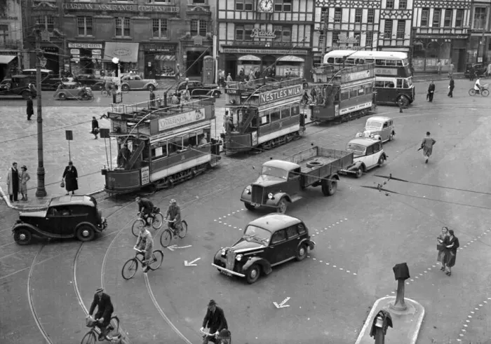 Framed Print : Cyclist negotiate a busy Bristol Tramway Centre June 1939