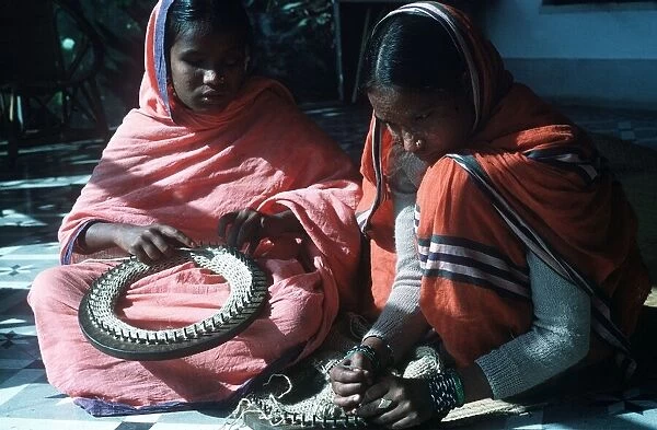 Dacca Bangladesh Blind women fabricating jute bags