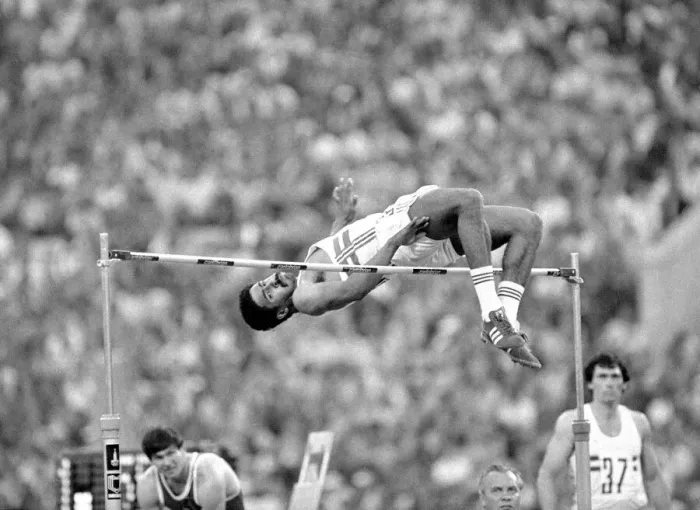 Framed Print : Daley Thompson clears the bar in the High Jump discipline of the Decathalon at the Moscow