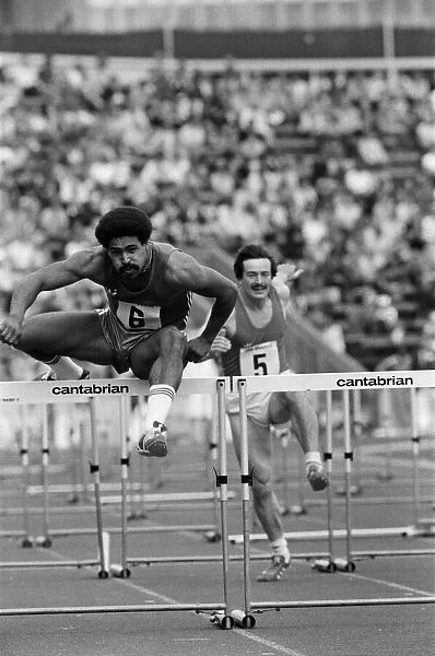 Daley Thompson competes in the 110 meter hurdles at Crystal Palace