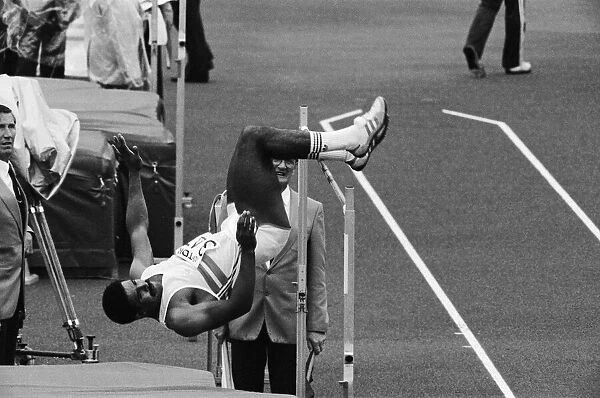 Daley Thompson leaps over the high jump on his way to winning the Decathlon Gold medal in