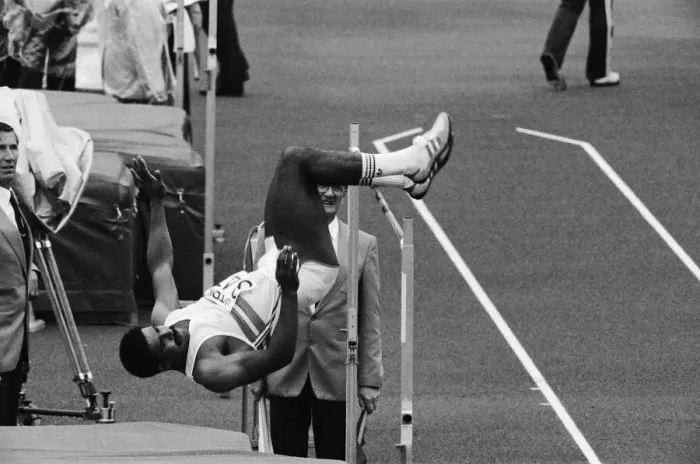 Framed Print : Daley Thompson leaps over the high jump on his way to winning the Decathlon Gold medal in Framed Print : Daley Thompson leaps over the high jump on his way to winning the Decathlon Gold medal in