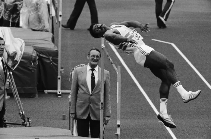 Framed Print : Daley Thompson leaps over the high jump on his way to winning the Decathlon Gold medal in Framed Print : Daley Thompson leaps over the high jump on his way to winning the Decathlon Gold medal in