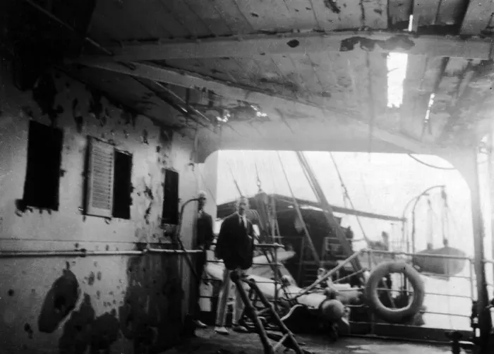 Framed Print : Damage to a British passenger ship caused by the 5. 5 gun of a German submarine off Framed Print : Damage to a British passenger ship caused by the 5. 5 gun of a German submarine off