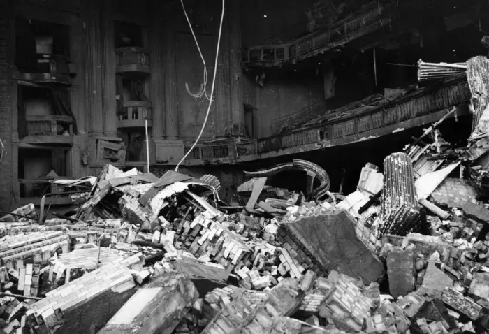 Framed Print : Damage cause by a flying bomb to a theatre in Streatham Hill, London. 3rd July 1944 Framed Print : Damage cause by a flying bomb to a theatre in Streatham Hill, London. 3rd July 1944