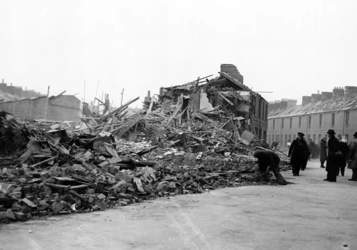 Framed Print : Damage caused by the air raids in Cardiff, Wales. Circa 1941 Framed Print : Damage caused by the air raids in Cardiff, Wales. Circa 1941