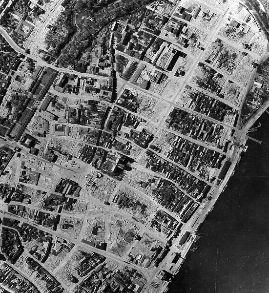 Damage clearance at Rostock, seen a year after R. A. F. raids. April 1943
