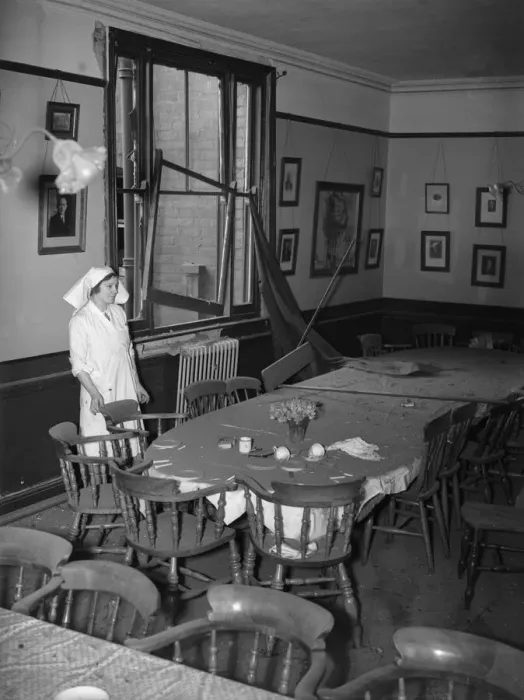 Framed Print : Damage to the dining room of Clent school following a German air raid on the city of Framed Print : Damage to the dining room of Clent school following a German air raid on the city of