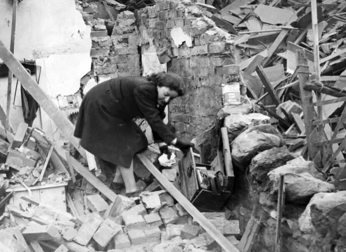 Framed Print : Damage following the Cardiff air raids during World War Two. Circa 1941