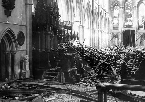 Damage to Llandaff Cathedral following the Cardiff Blitz. January 1941