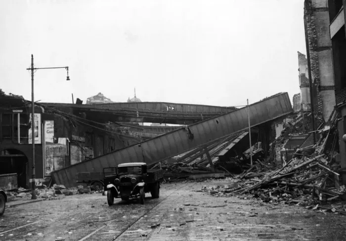Framed Print : Damage to Southern Railway Bridge, over Southwark Street, Blackfriars Framed Print : Damage to Southern Railway Bridge, over Southwark Street, Blackfriars