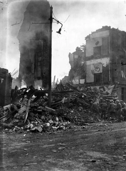 Damage to tenement houses and tramlines burst from the road during the blitz on Glasgow