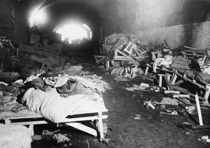 Framed Print : Damaged beds inside a bomb shelter during the Second World War. 17th February 1941 Framed Print : Damaged beds inside a bomb shelter during the Second World War. 17th February 1941