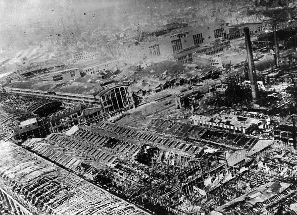 Damaged and destroyed buildings of the Krupp munitions factory following a raid by