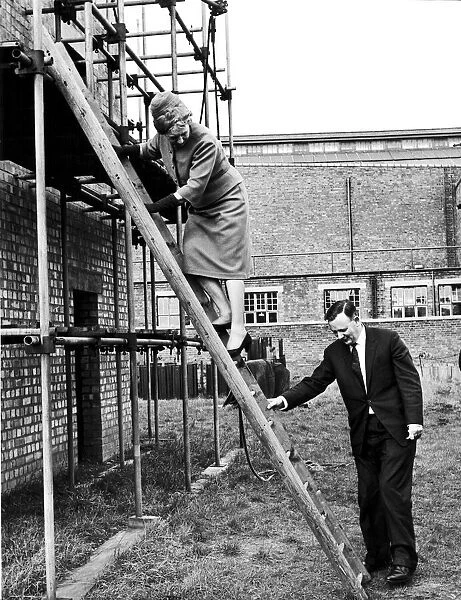 Dame Edith Pitt, Conservative MP climbs a ladder assisted by Mr Dennis Howell PM when