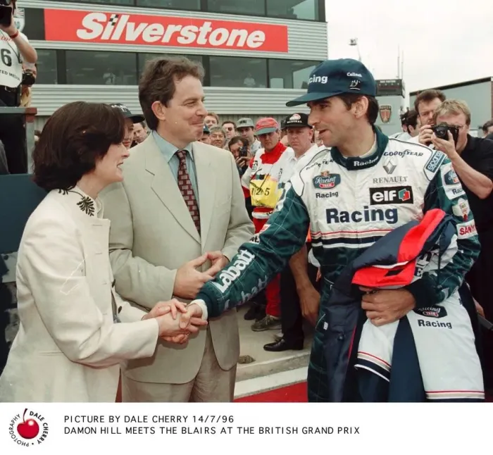 Framed Print : Damon Hill meets Tony Blair and his wife at the British Grand Prix at Silverstone