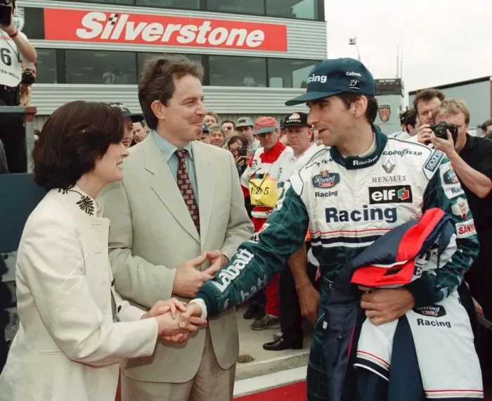 Framed Print : Damon Hill meets Tony Blair and his wife at the British Grand Prix at Silverstone