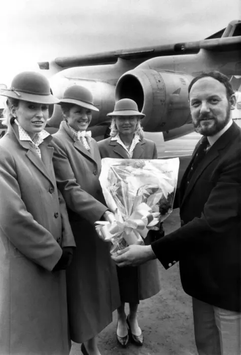 Framed Print : Dan-Air stewardesses, left to right, Linda Clough, Jeanette Jenkins and Anne Liddle