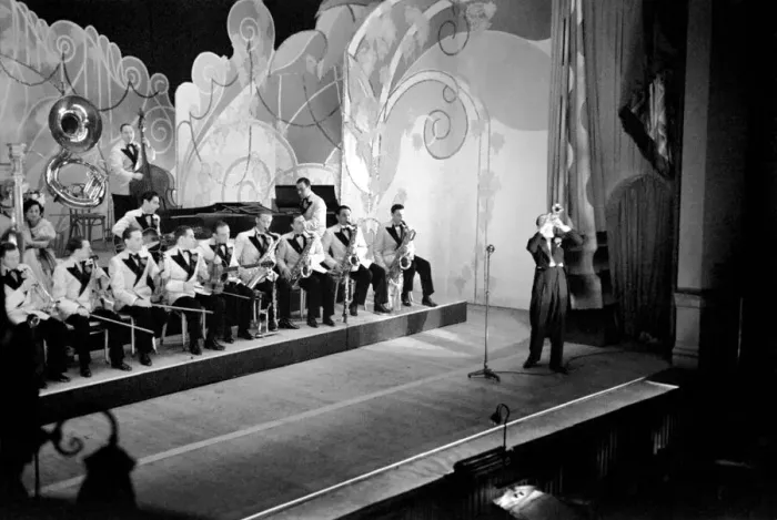Framed Print : Dance band leader and trumpeter Jack Jackson with his band performing on stage in Framed Print : Dance band leader and trumpeter Jack Jackson with his band performing on stage in