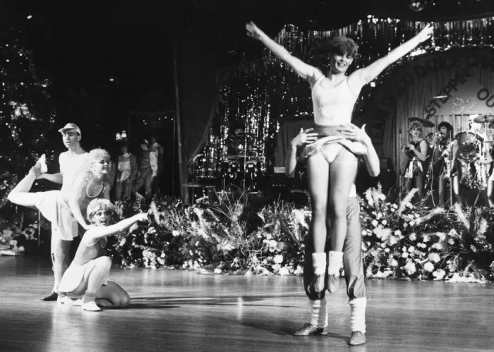 Framed Print : Dancers in action on stage during the 1982 Team Disco Championships held in Cambridge Framed Print : Dancers in action on stage during the 1982 Team Disco Championships held in Cambridge